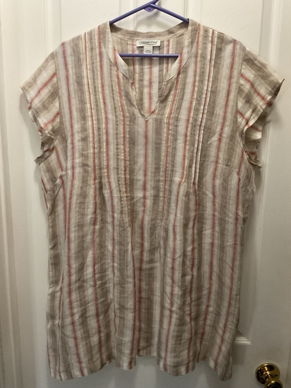 Coldwater Creek Beige Tunic with Red and Gray Stripes. 100% Linen.